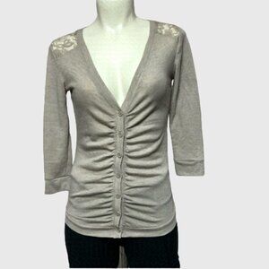 Dynamite Taupe Ruched Button Down Cardigan With Lace Back Size Small